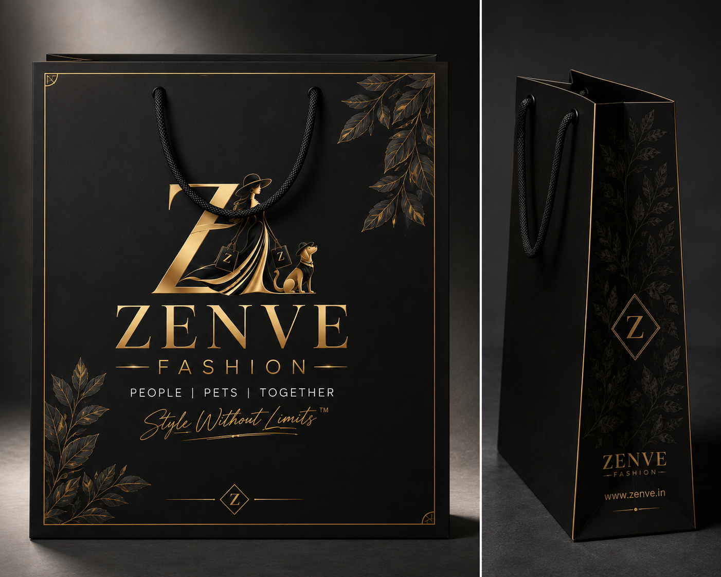 Zenve Fashion black paper bag with gold foil logo