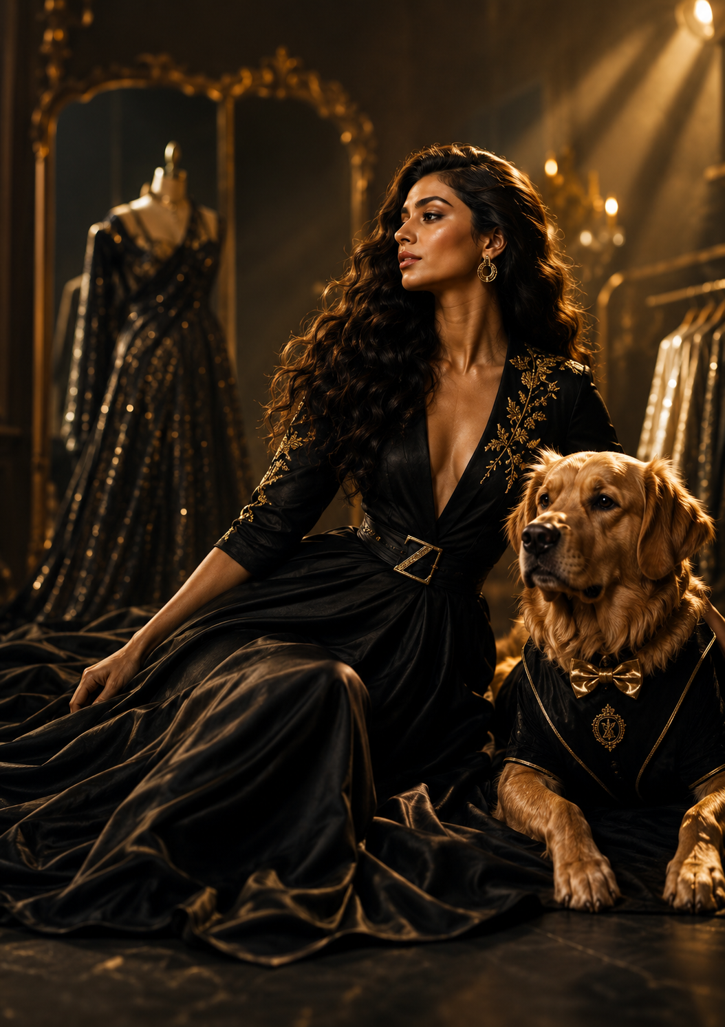 Designer wearing a black gold-embroidered gown beside a golden retriever in a matching pet jacket