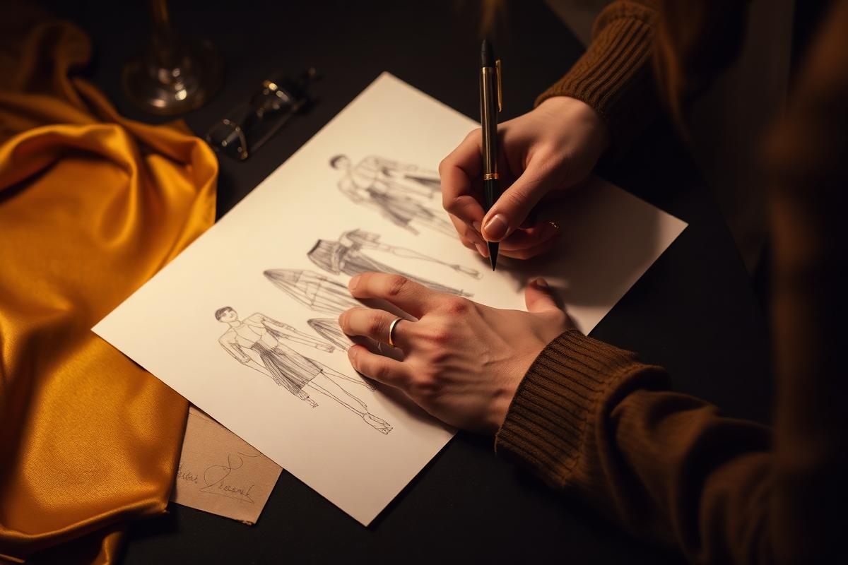 Designer sketching a garment beside gold fabric