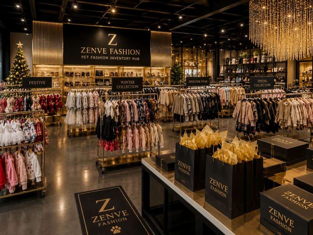Zenve pet fashion inventory hub in Bengaluru with racks of pet couture and accessories