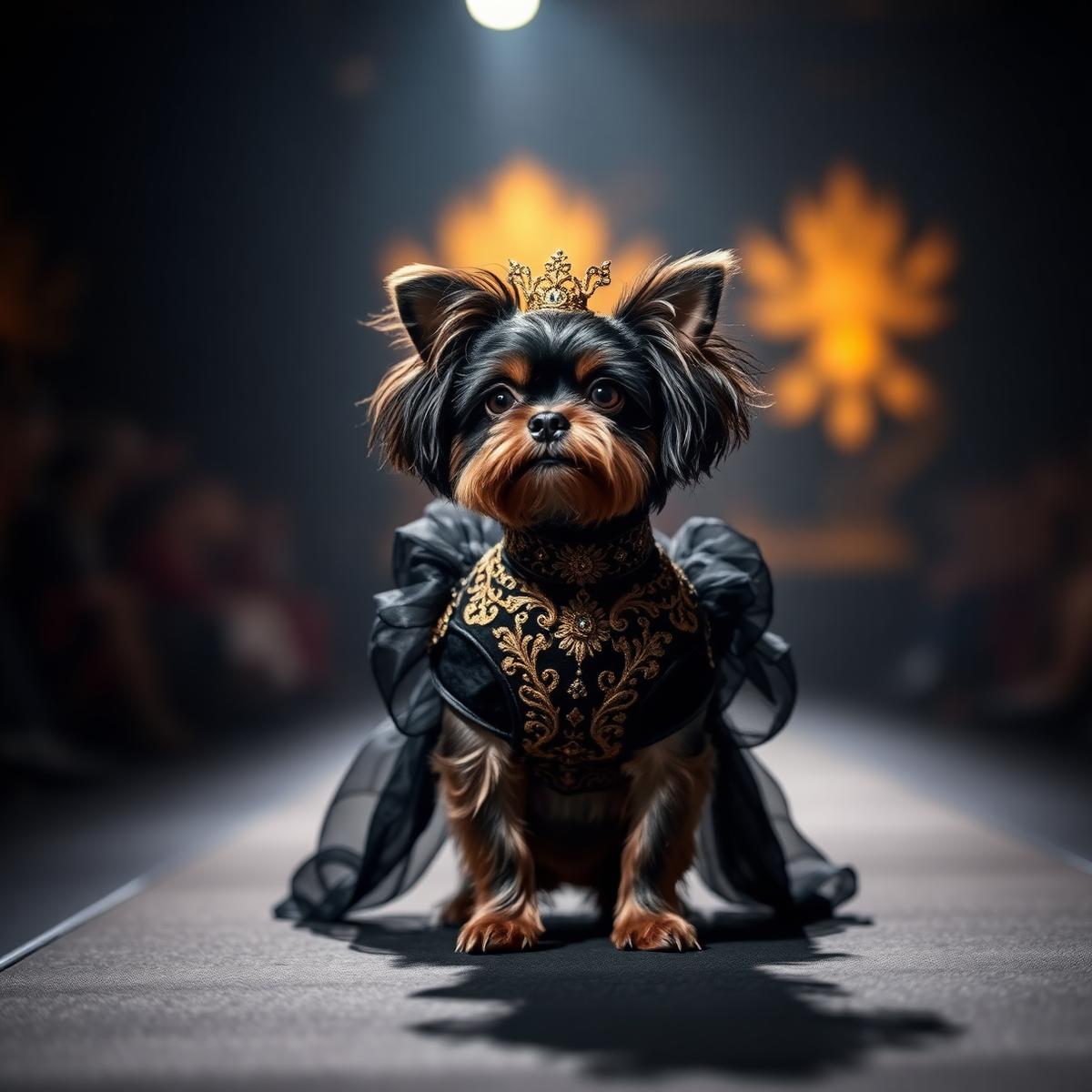 Pet in gold embroidered couture on a runway