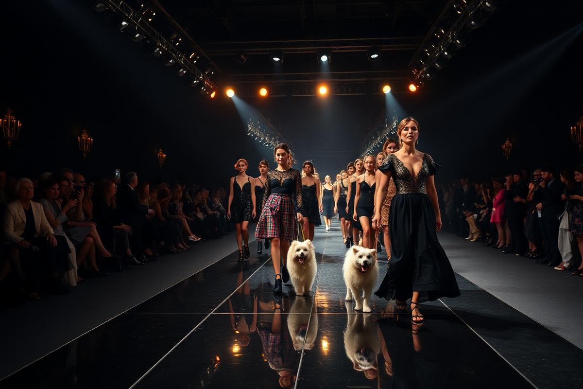 Fashion runway show with models and pets